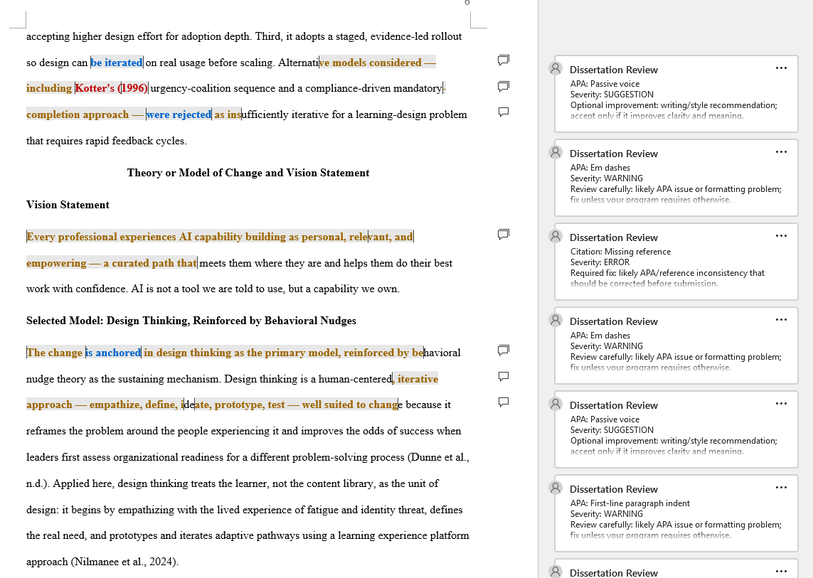 A reviewed Word document with highlighted text and APA review comments in the margin